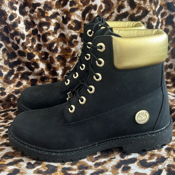 Brand New Timberland 6" Leather Black & Gold Metallic Lace Up Hiking Boots - Picture 6 of 15